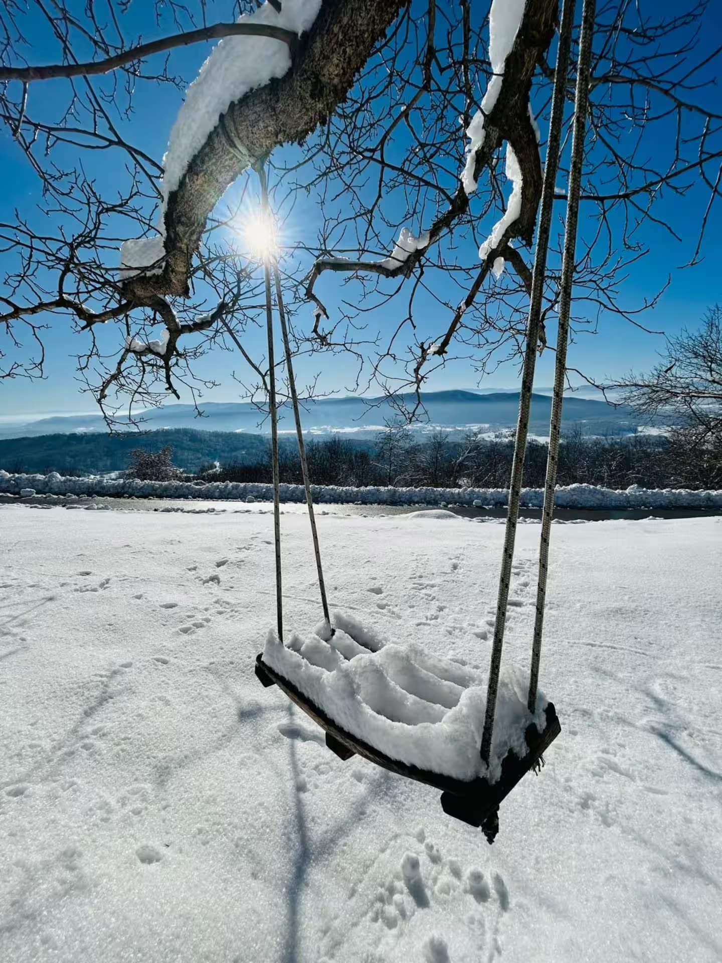 Ljuljačka na stablu iznad snježne doline